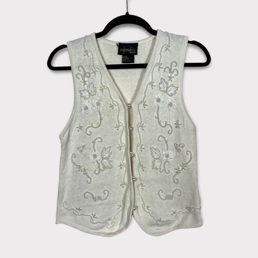 Requirements Beaded Knit Sweater Vest Petite Medium Floral Embroidered Cottage